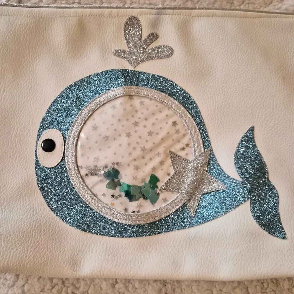 Blue Glitter Whale Shaker Cosmetic Bag White Faux Leather Star Print Pouch Beach